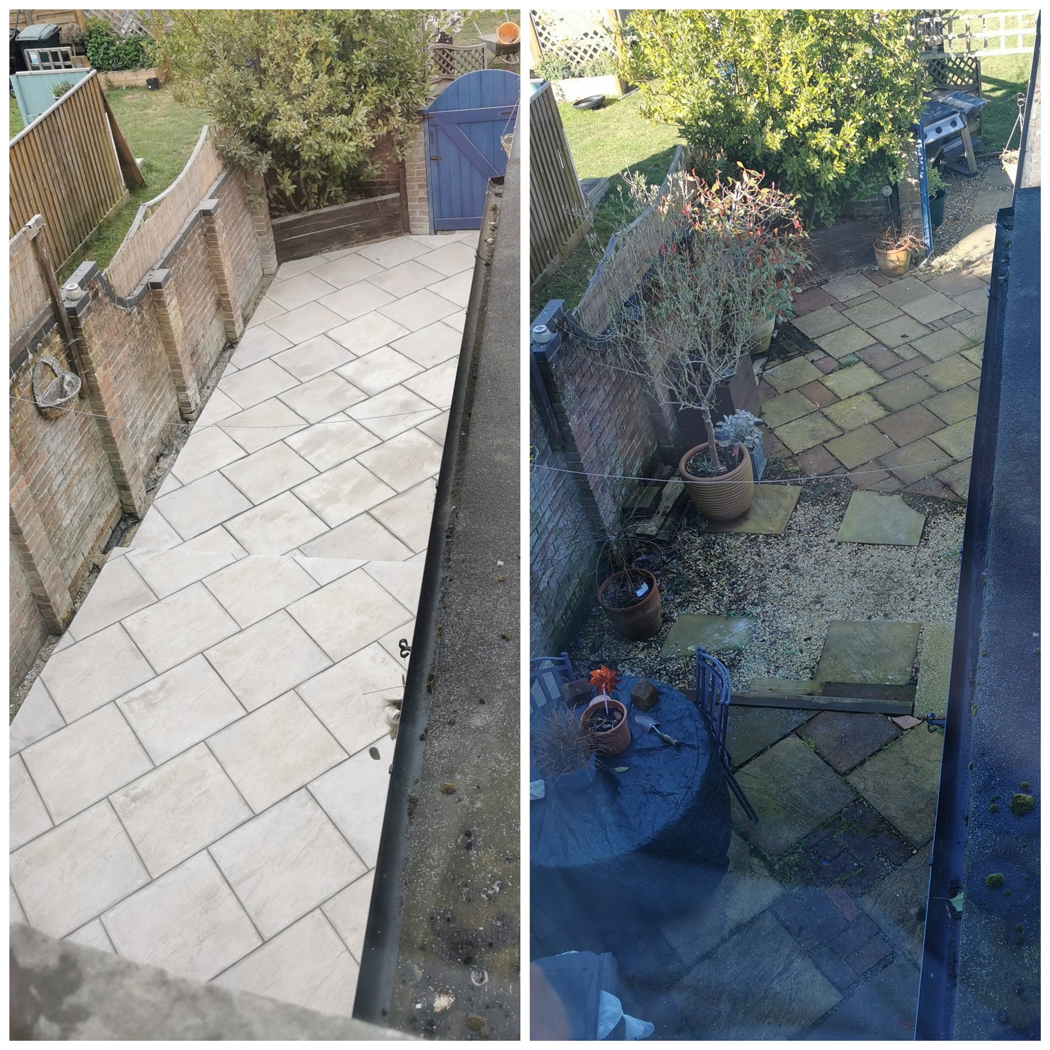 A before and after image of a patio laid by Green Growth