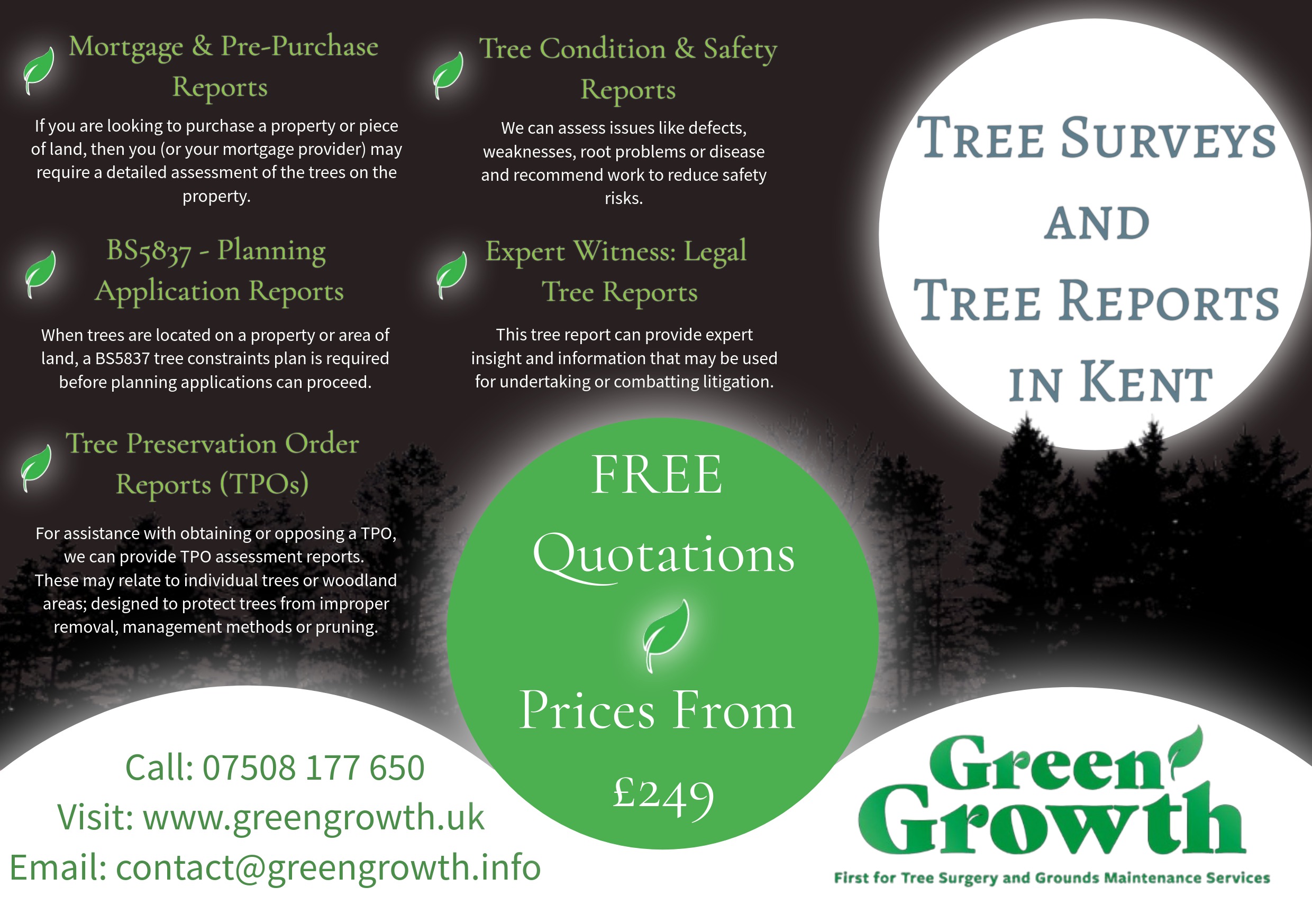 A flyer for Green Growth Tree Services, offering tree surveys and reports.